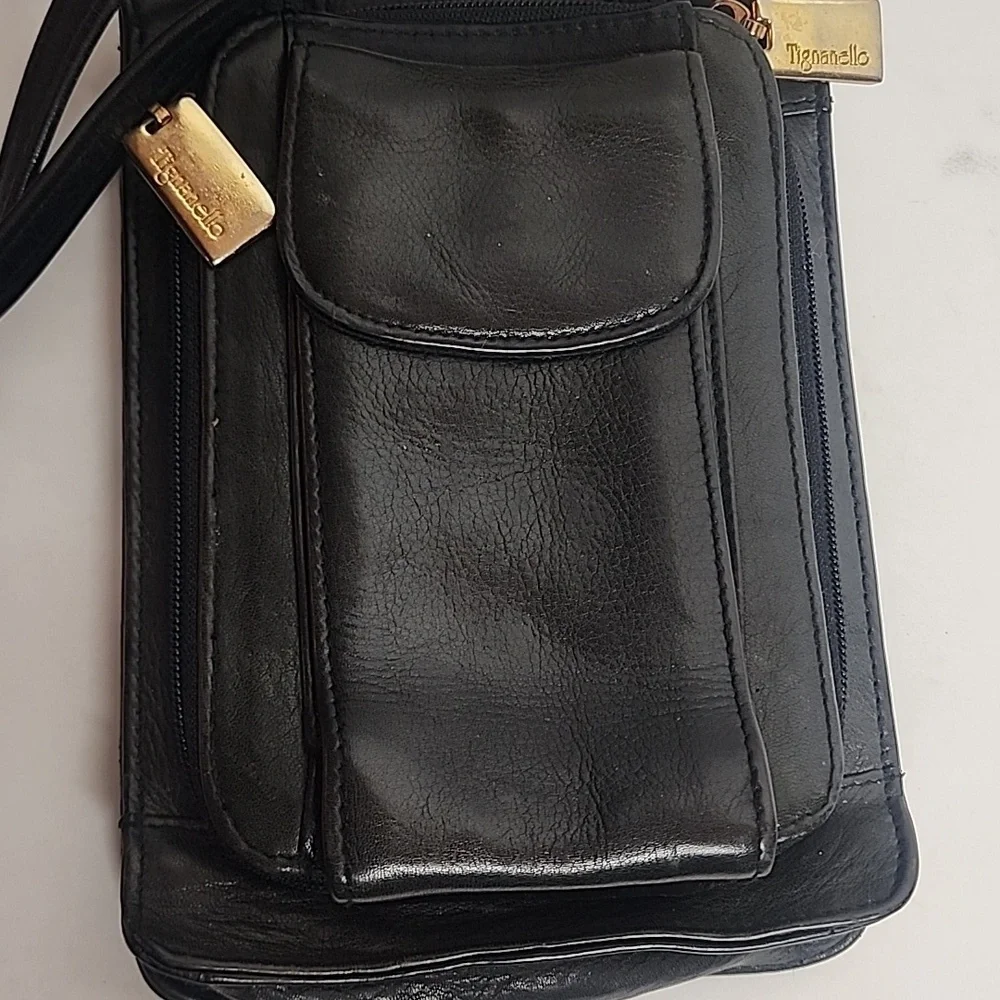 Tignanello Black Leather Quality Unisex Crossbody Messenger SaddleBag Long Strap